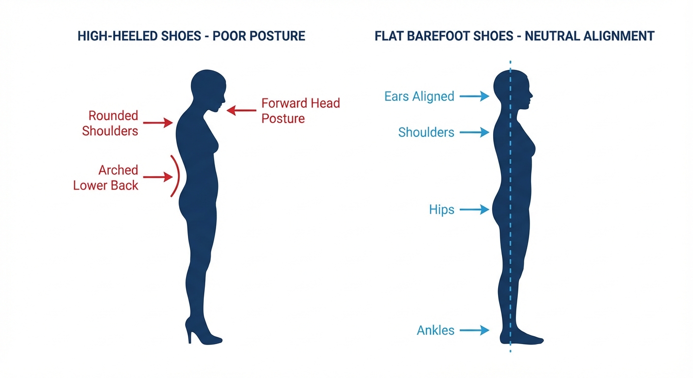 Meditsiiniline illustratsioon, mis võrdleb halba rühti kõrgetel kontsadel ja neutraalset selgroo asendit lamedates paljajalujalatsites
