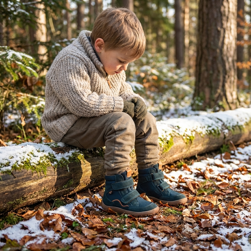 Laps istumas palgil lumises metsas, jalas sinised Froddo keskkonnasõbralikud talvesaapad.