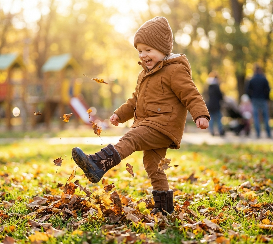 Rõõmus laps mängimas sügiseses pargis vastupidavate pruunide talvesaabastega, löömas lehtedes