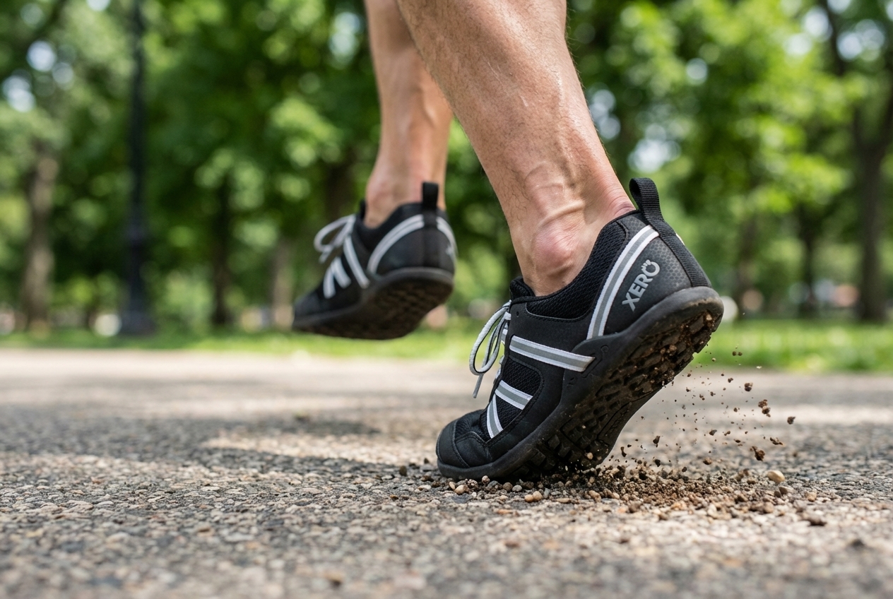 Jooksja, kes kannab Xero Prio paljajalu tosse, demonstreerib pöia esiosa maandumist kõnniteel