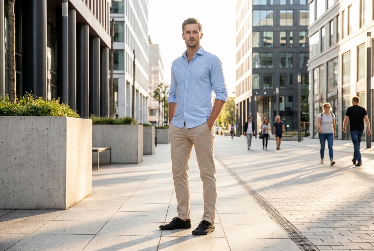 Mees seismas mugavalt püstise rühiga linnaruumis, kandes Leguano Dean paljajalujalatseid