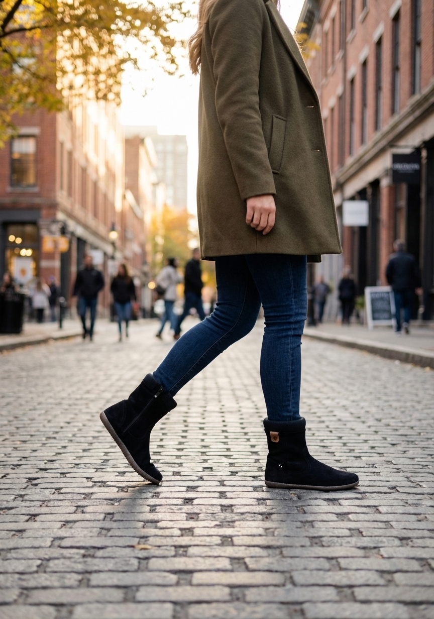 Naine kõndimas munakivisillutisega tänaval, kandes Groundies Iceland paljajalu saapaid painduvate lamedate taldadega