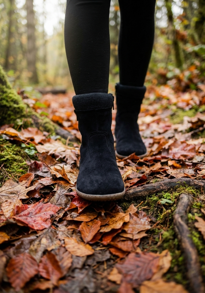 Lähedalt vaade jalgadele, mis kõnnivad metsarajal Groundies Iceland paljajalujalatsites, demonstreerides loomulikku jala keskosaga maandumist