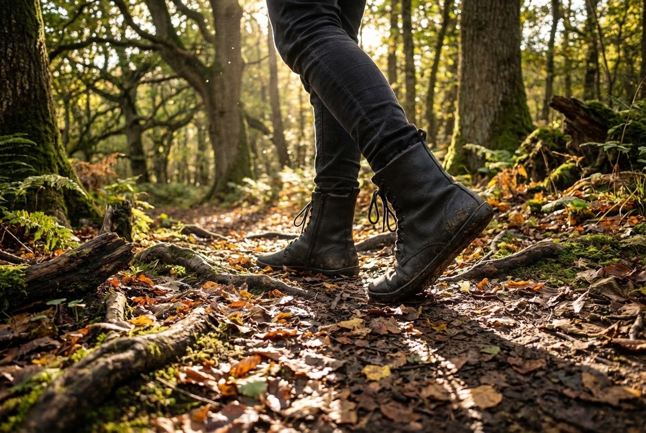 Matkaja, kes kannab Mukishoes Igneous paljajalu saapaid, kõndimas metsarajal loomulikku maapinda tunnetades